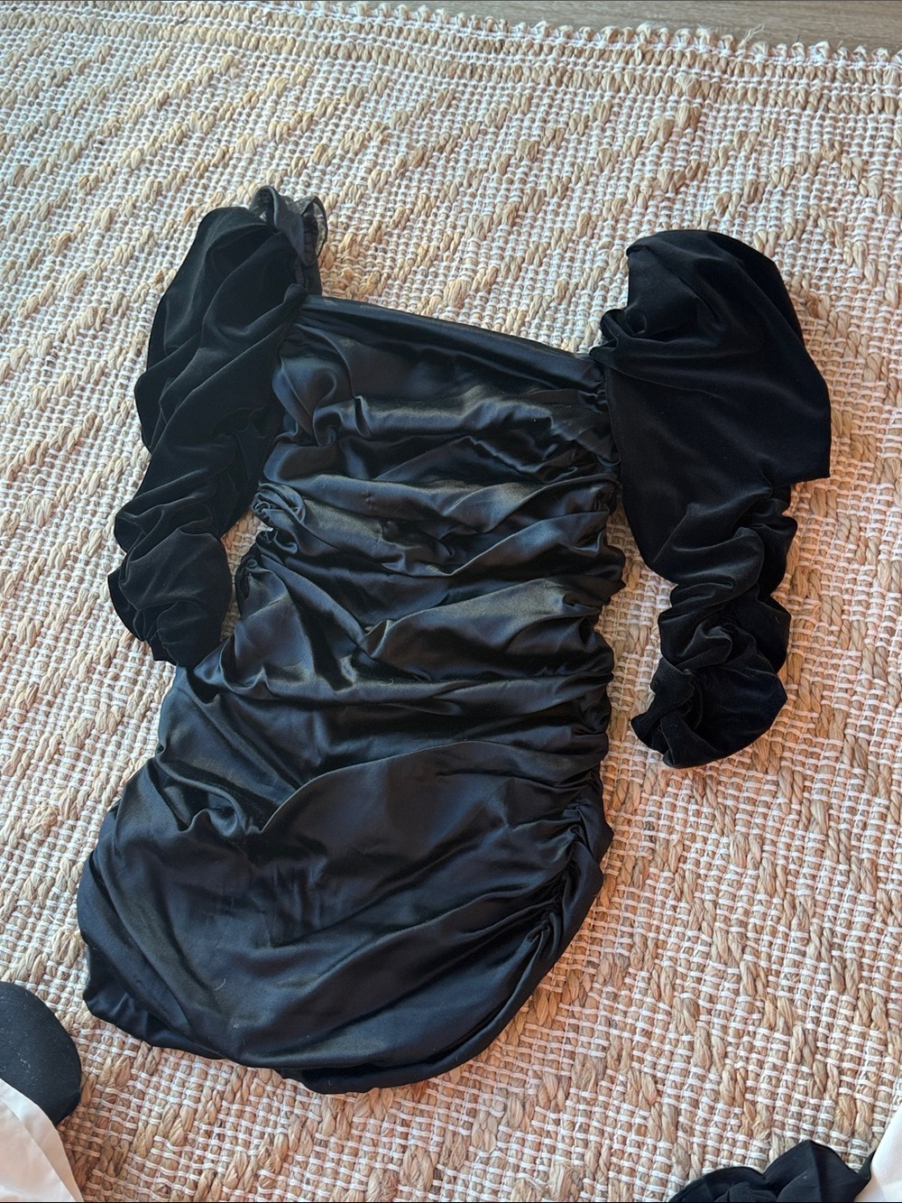 Alice + Olivia Black Ruched Satin Mini Dress with Puff Sleeves